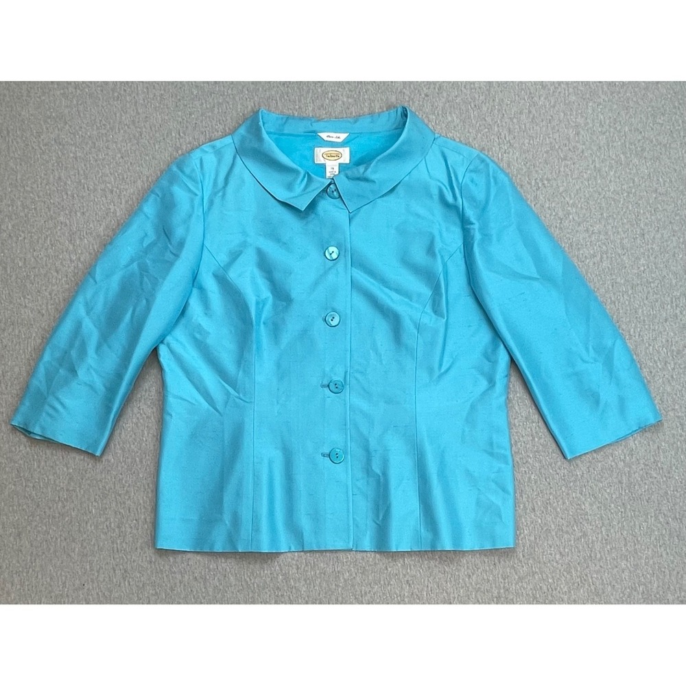 Talbots Jacket Womens 14 Blue 100% Silk 5-Button 3/4 Sleeve Lined